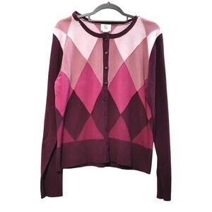 Apt. 9 Argyle Soft Knit Cardigan Sweater Pink Maroon Colorblock Womens XL